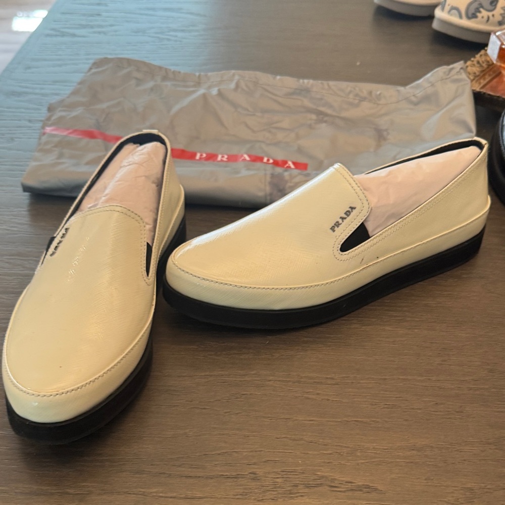 Prada Womans Off-White Slip-On Loafers